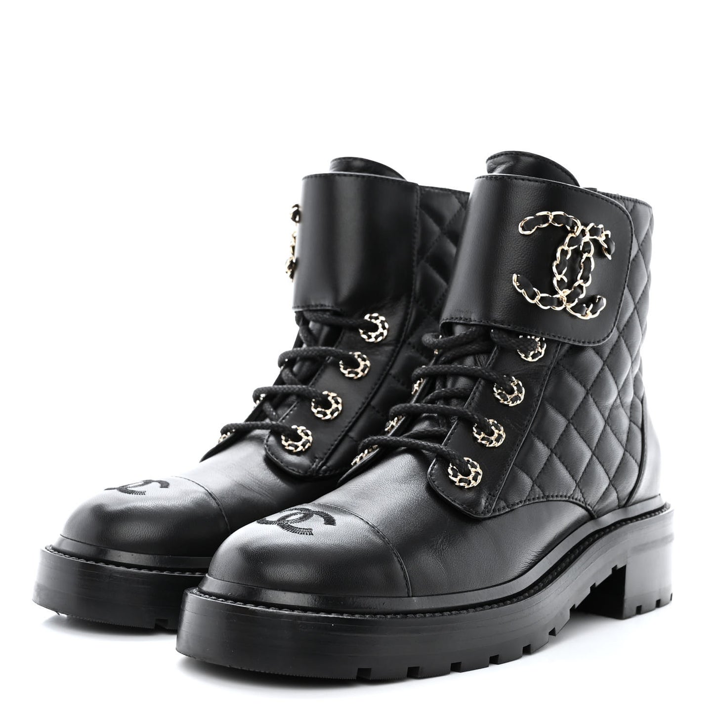 Shiny Lambskin Quilted Lace Up Combat Boots 37 Black