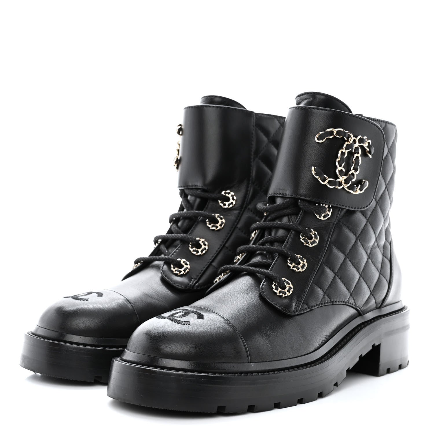 Chanel Shiny Lambskin Quilted Lace Up Combat Boots 37 Black 3 of 8