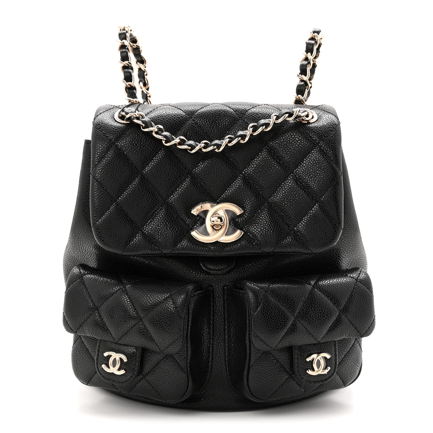 Shiny Caviar Quilted Medium Duma Pockets Drawstring Backpack Black