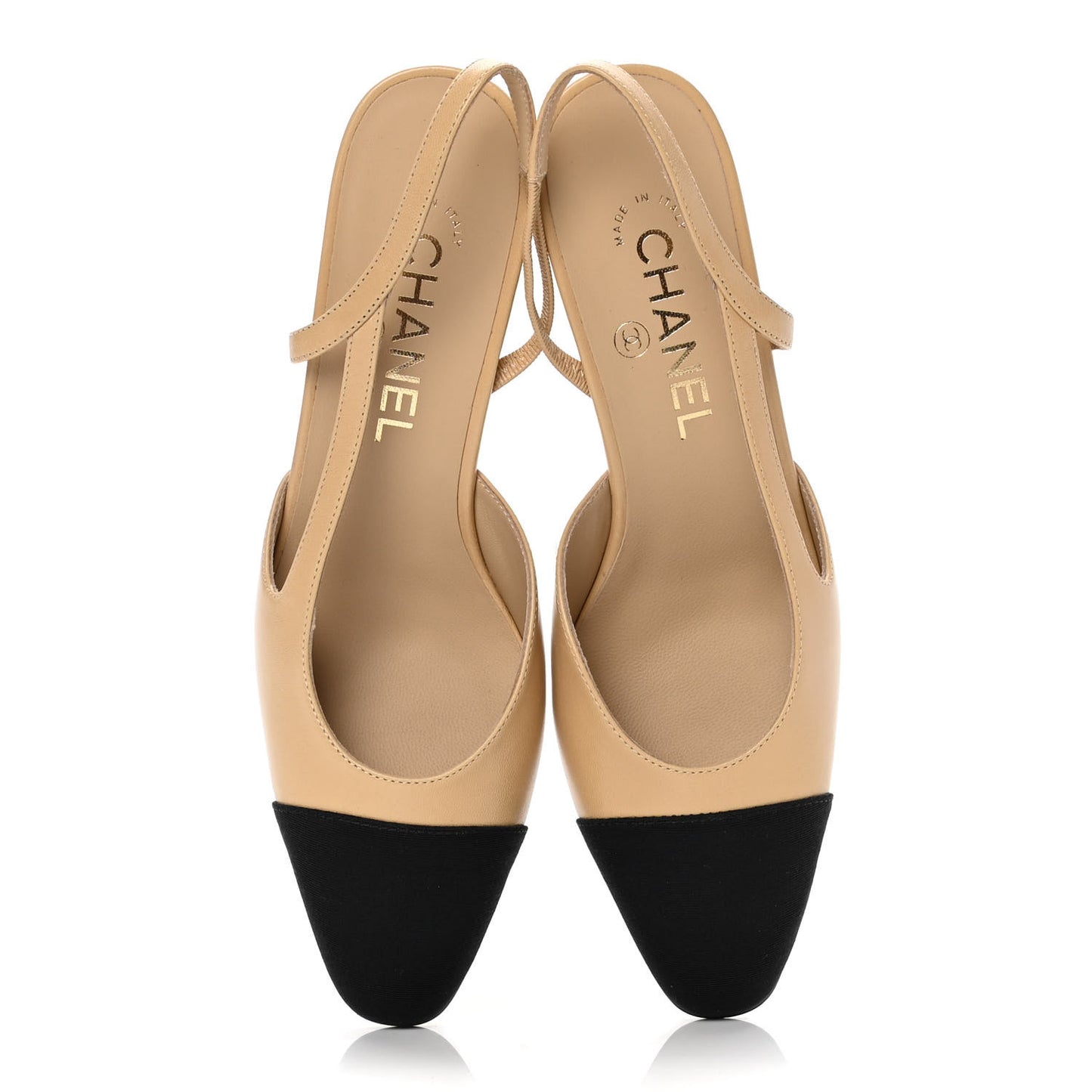 Goatskin Grosgrain Cap Toe CC Slingback Pumps 37.5 Beige Black