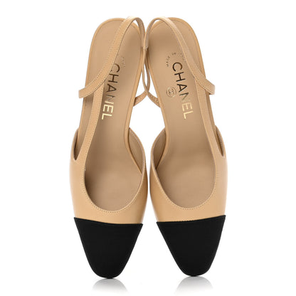 Chanel Goatskin Grosgrain Cap Toe CC Slingback Pumps 37.5 Beige Black 5 of 10