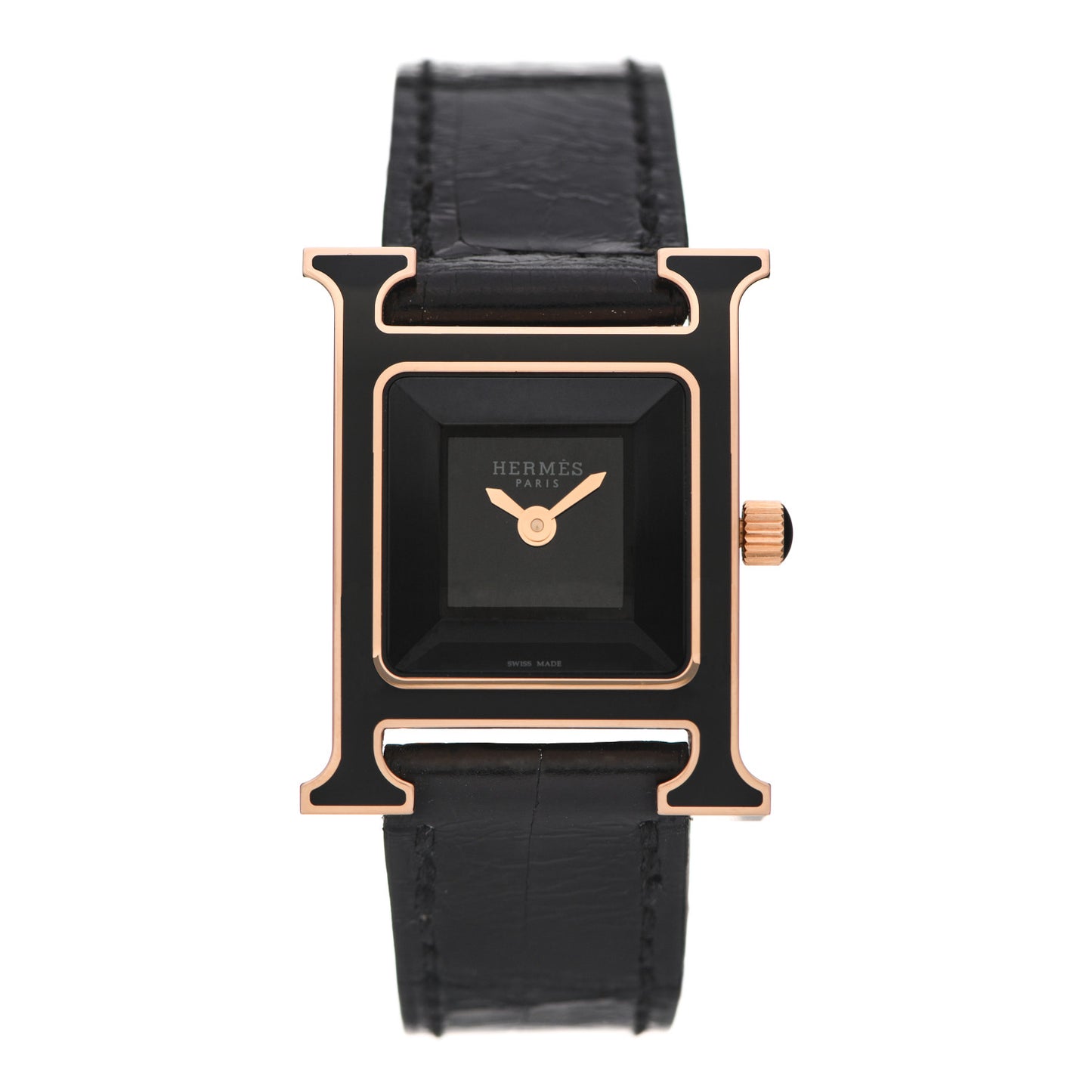 18K Rose Gold Alligator Lacquer 21mm Heure H Hour Quartz Watch Noir