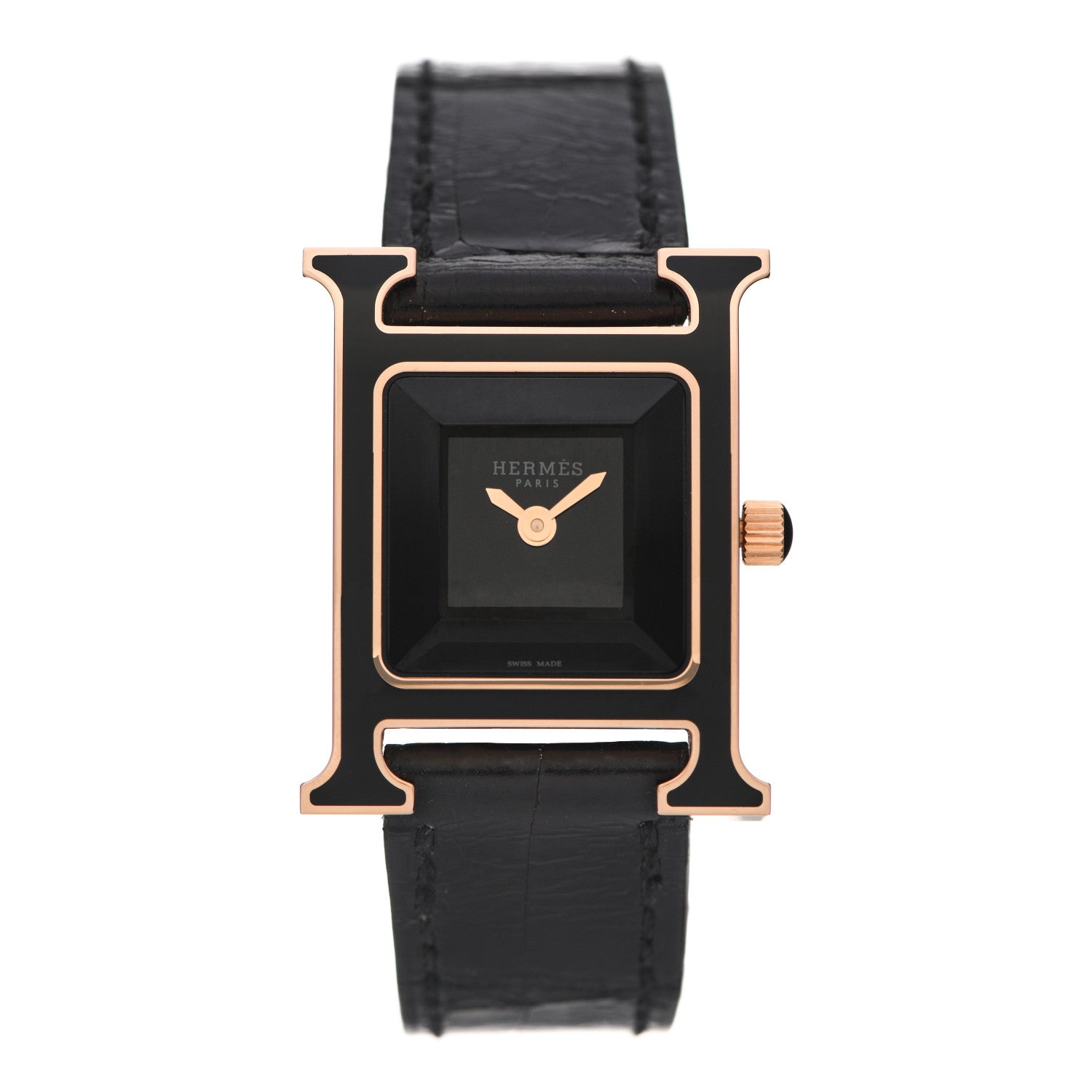 Hermes 18K Rose Gold Alligator Lacquer 21mm Heure H Hour Quartz Watch Noir 1 of 5