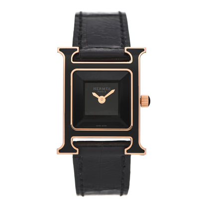 Hermes 18K Rose Gold Alligator Lacquer 21mm Heure H Hour Quartz Watch Noir 1 of 5