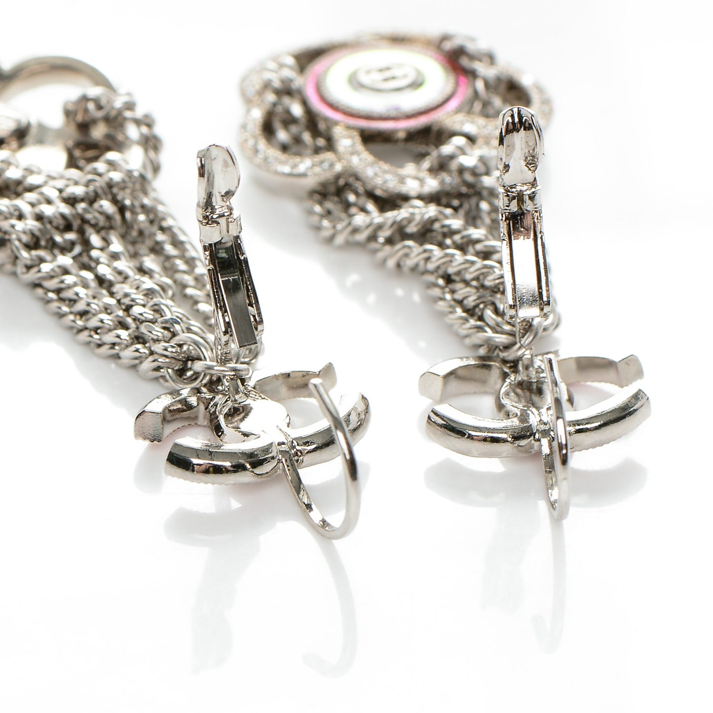 Crystal Enamel CC Camellia Drop Earrings Silver