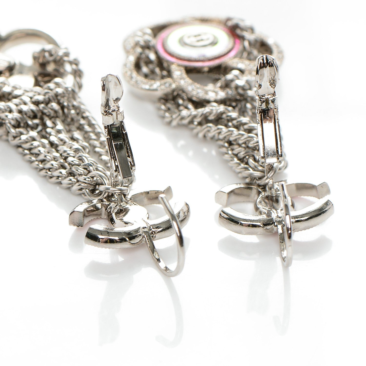 Chanel Crystal Enamel CC Camellia Drop Earrings Silver 3 of 4