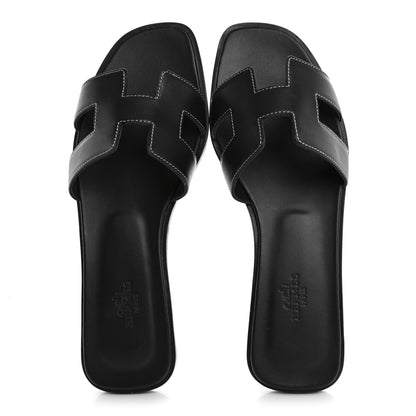 Hermes Box Calfskin Oran Sandals 38 Black 2 of 9