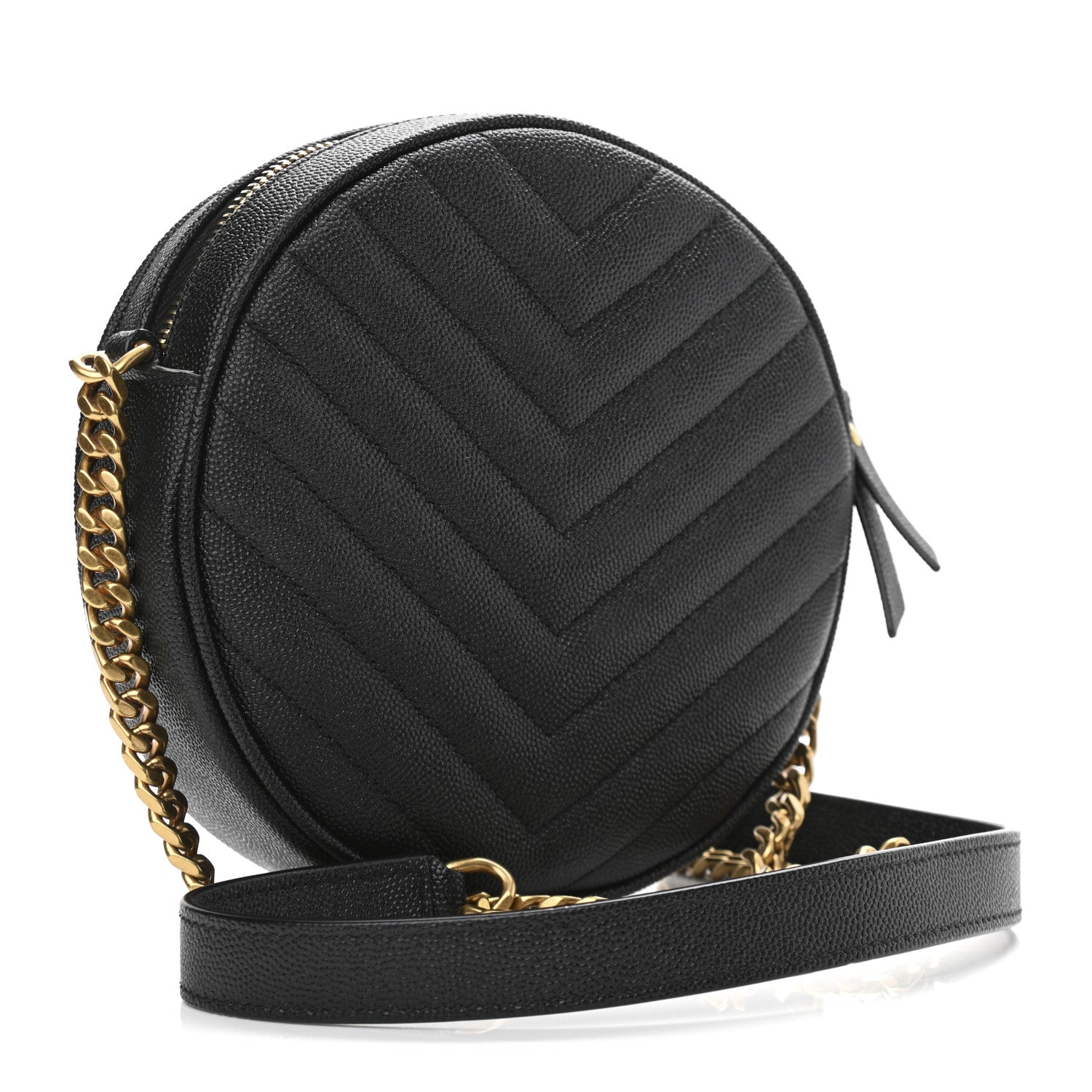 Saint Laurent Grain De Poudre Matelasse Chevron Quilted Round Vinyle Camera Bag Black 3 of 11