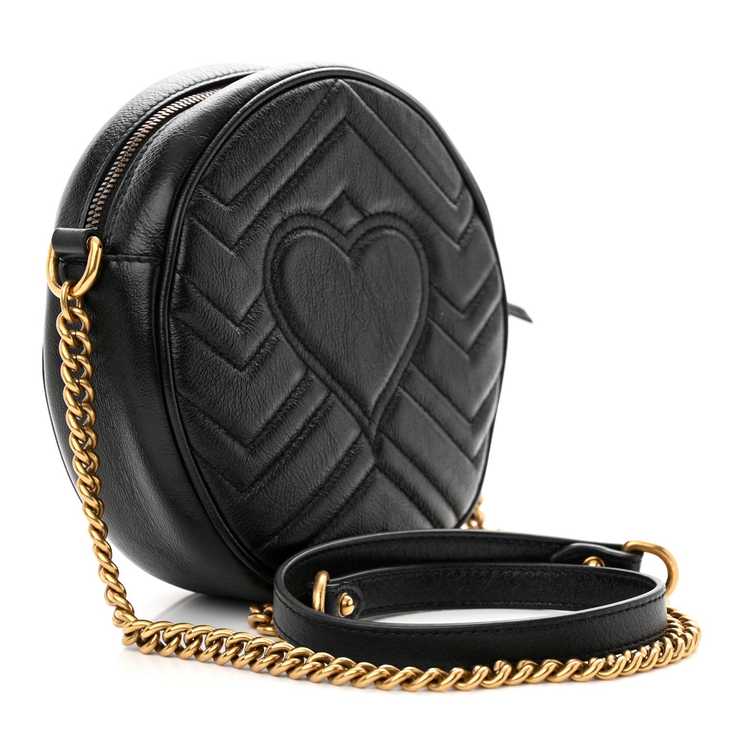 Gucci Azalea Calfskin Matelasse Heart Mini GG Marmont Round Shoulder Bag Black 3 of 12