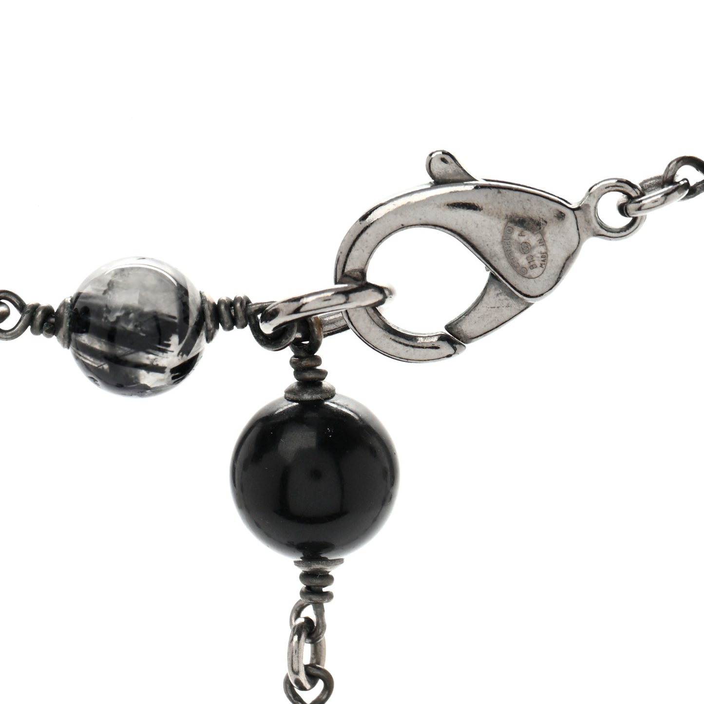 Crystal Bead CC Long Necklace Silver Black