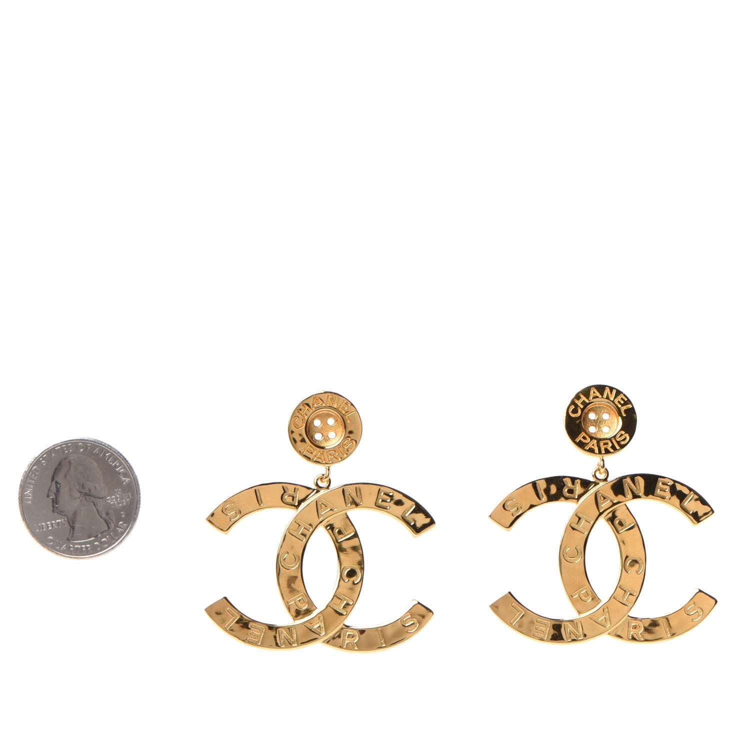 Chanel Metal Large Paris Button Earrings Gold 2 of 4