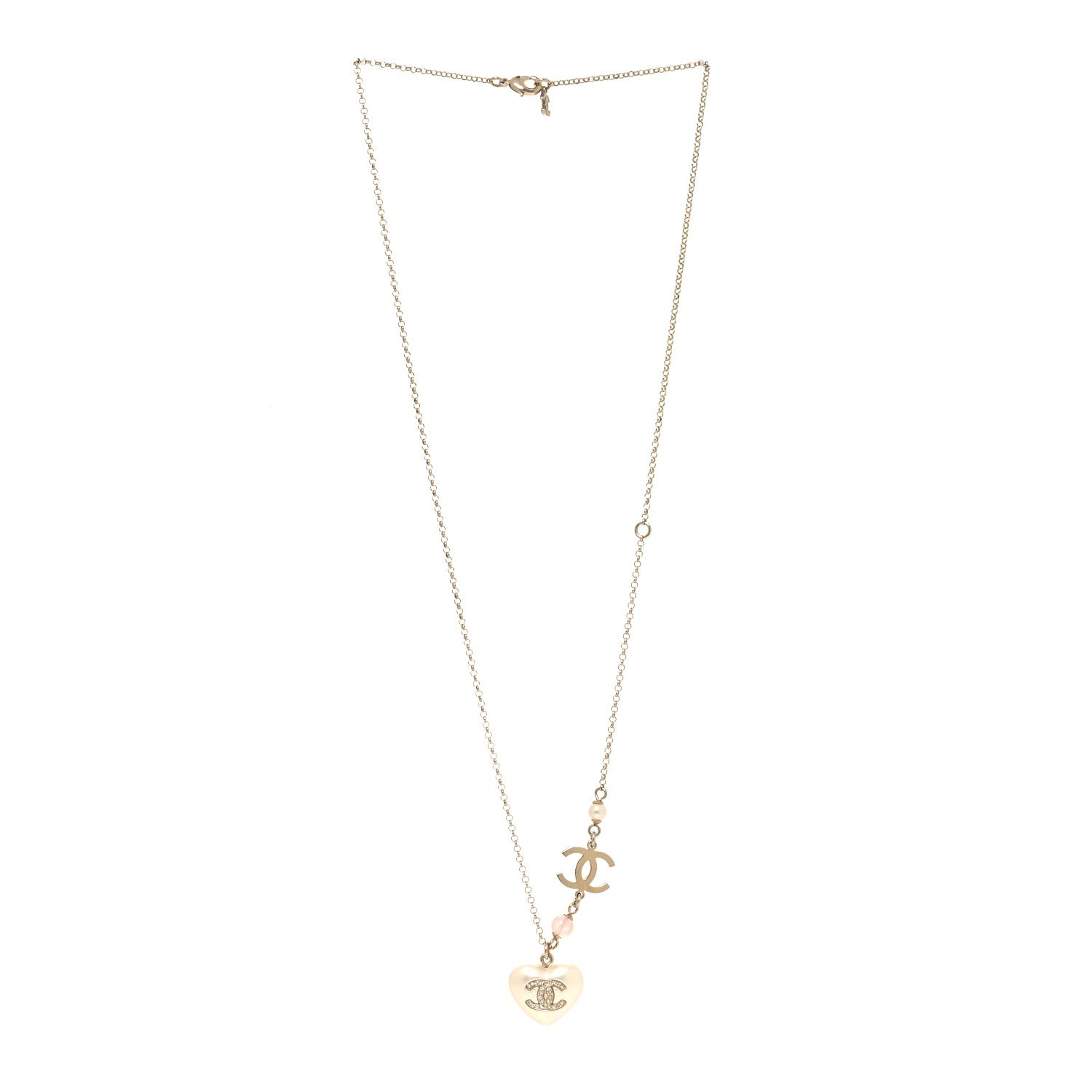 Chanel Resin Crystal CC Heart Necklace Pearly White Gold 3 of 5
