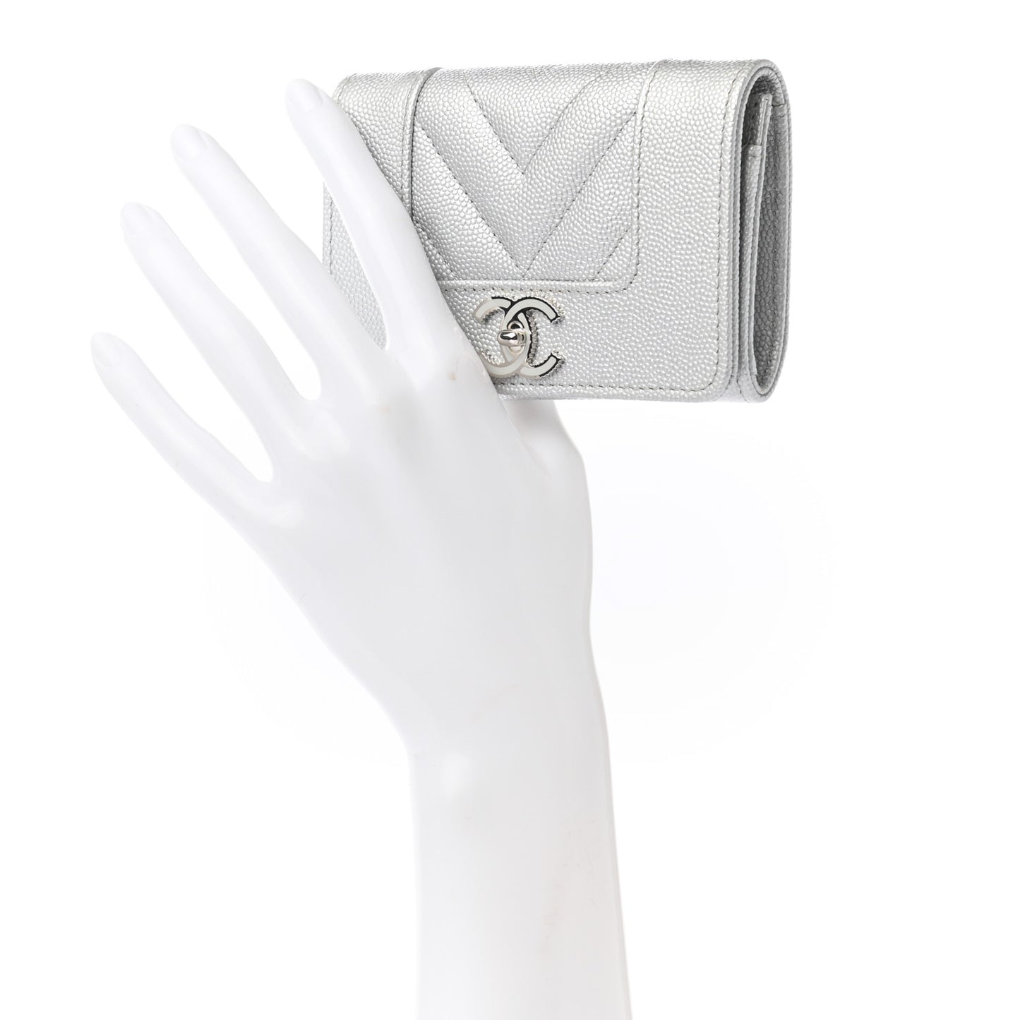 Metallic Caviar Chevron Quilted Vintage Mademoiselle Flap Card Holder Silver