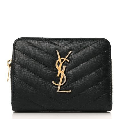 Saint Laurent Grain De Poudre Matelasse Chevron Monogram Compact Zip Around Wallet Black 1 of 7