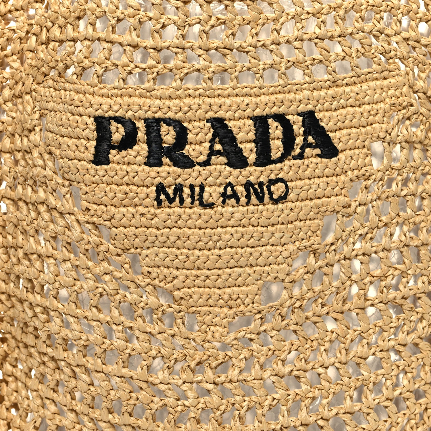 Prada Yarn Raffia Effect Crochet Logo Embroidered Tote Bag Naturale 7 of 9