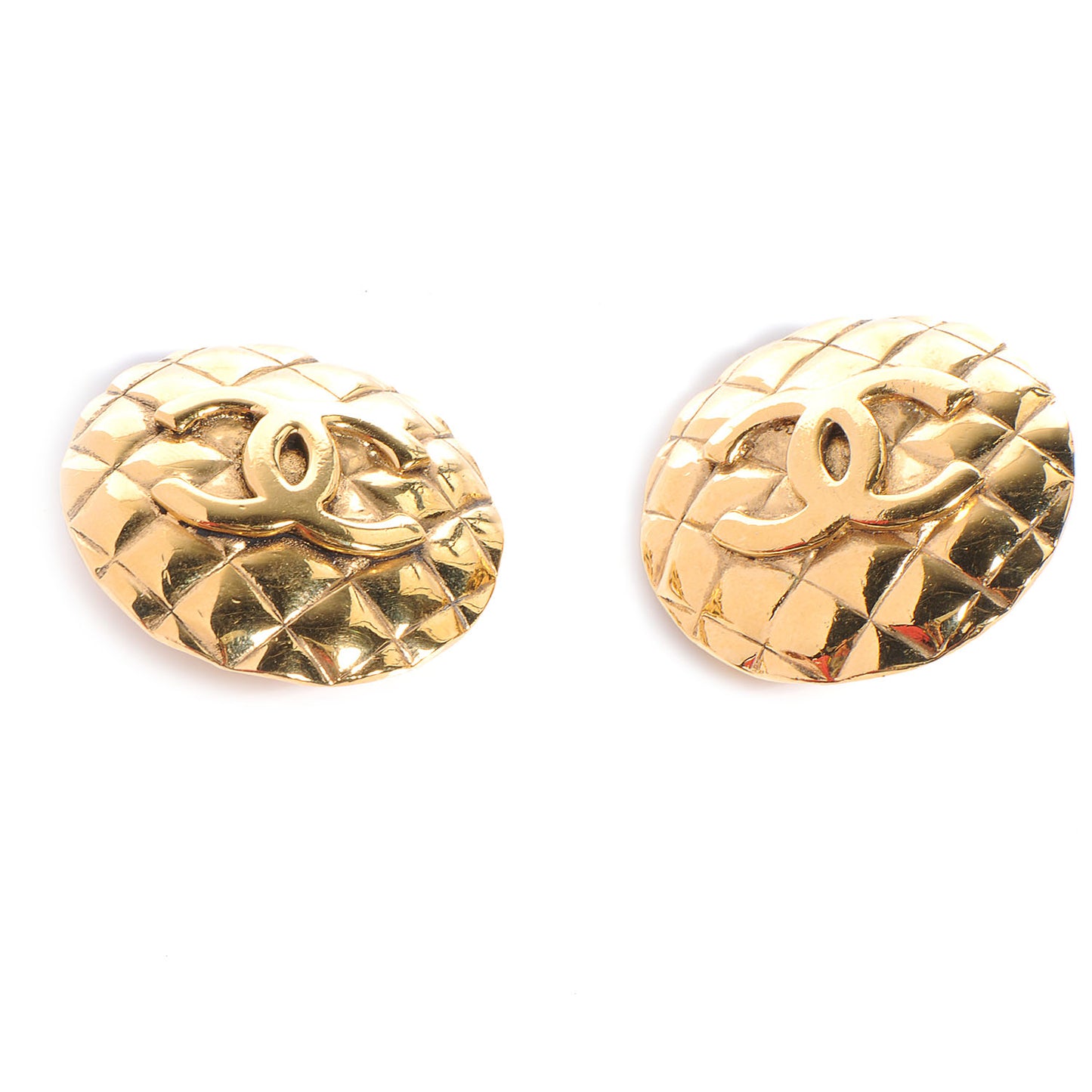 Metal Quilted CC Round Clip On Earrings Gold
