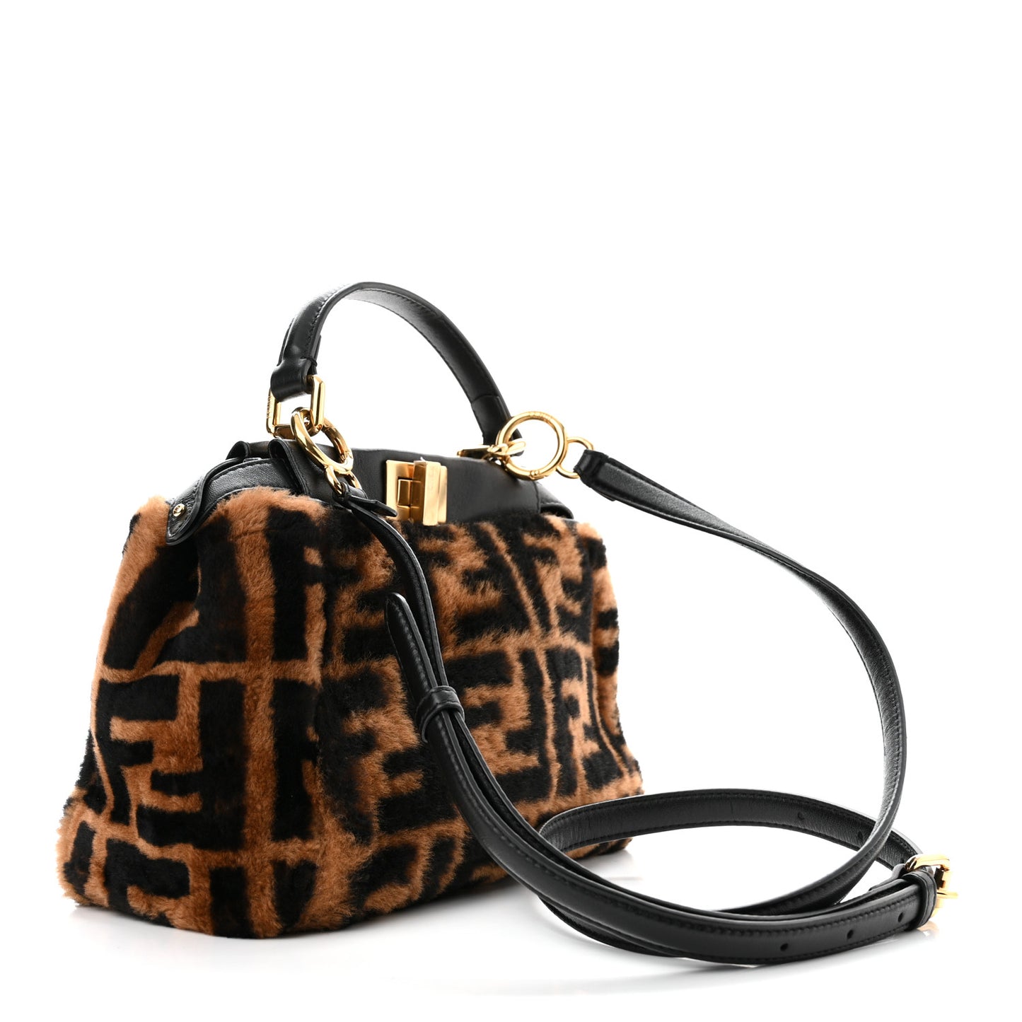 Shearling Nappa Macro FF 1974 Mini Peekaboo Iconic Satchel Tobacco Black