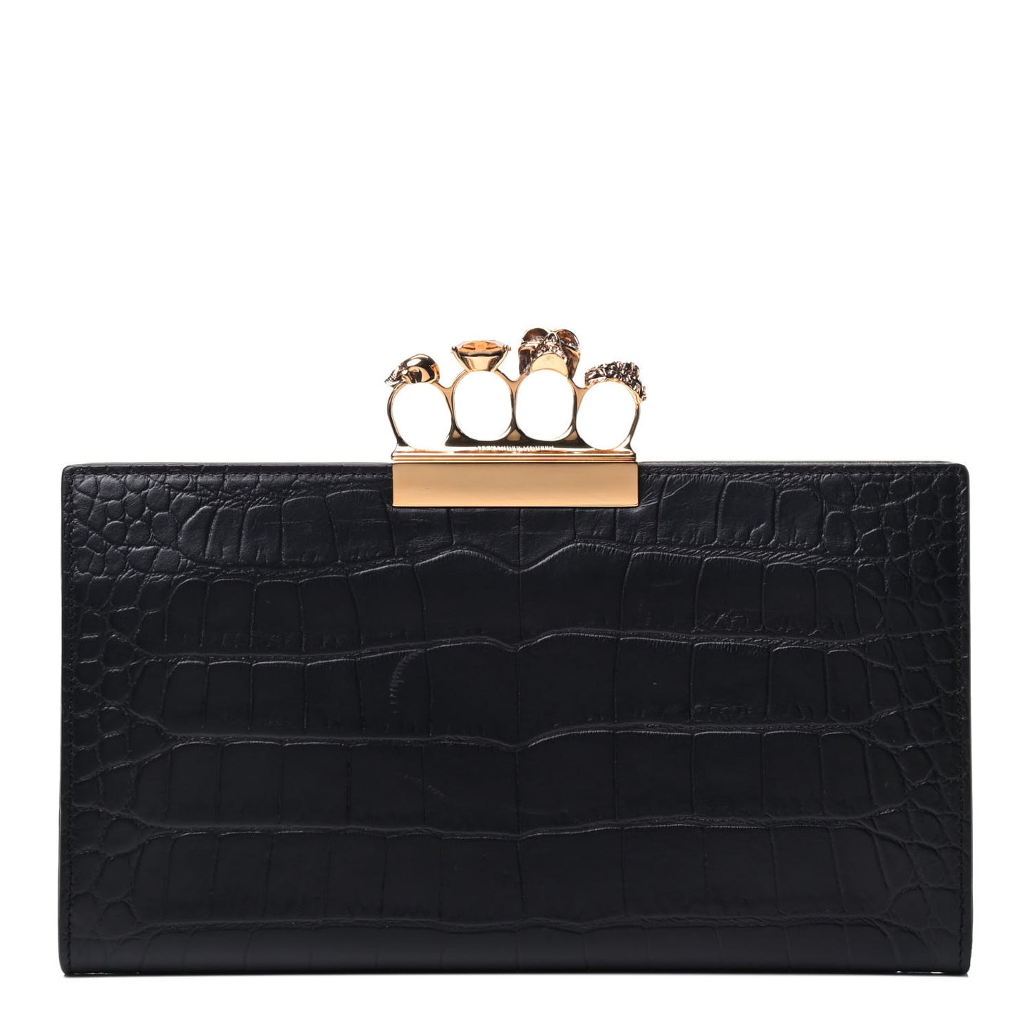 Calfskin Crocodile Embossed Knuckle Flat Clutch Black Gold