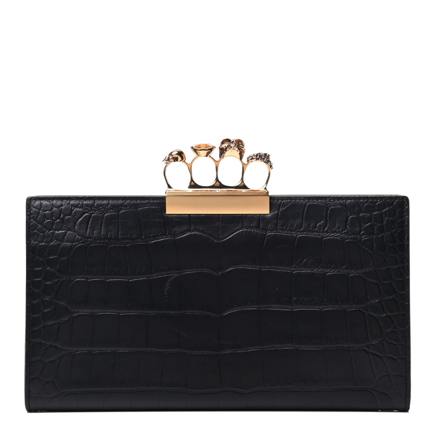 Alexander McQueen Calfskin Crocodile Embossed Knuckle Flat Clutch Black Gold 1 of 9