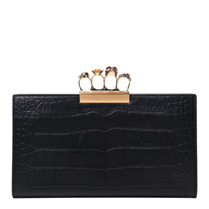 Alexander McQueen Calfskin Crocodile Embossed Knuckle Flat Clutch Black Gold 1 of 9