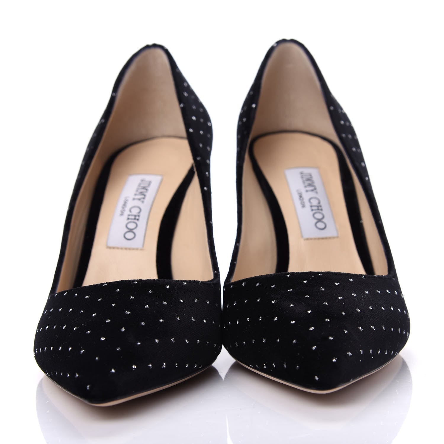 Jimmy Choo Glitter Spotted Velvet Pointy Toe Romy 85 Pumps 39.5 Black Silver 2 of 10