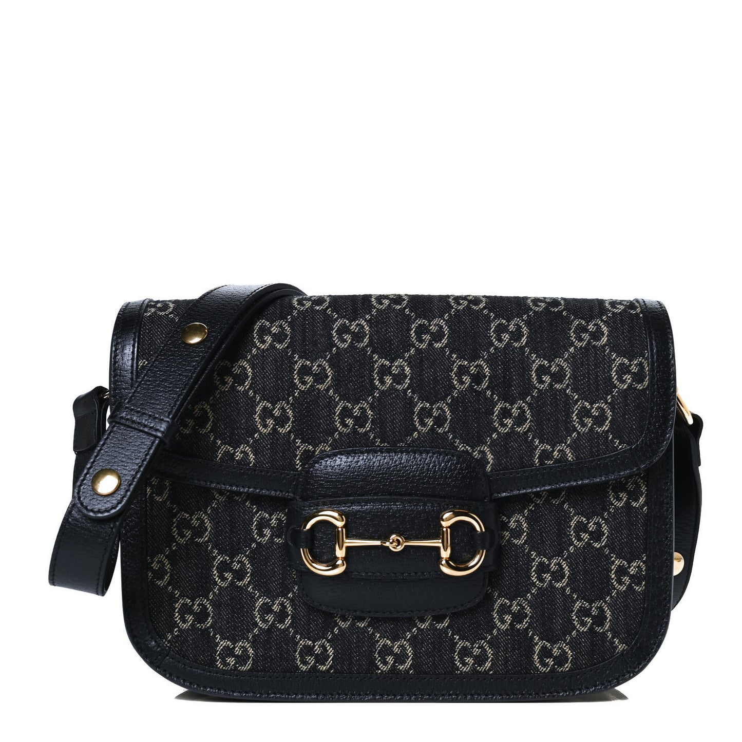 Jacquard Black Denim GG Monogram Textured Dollar Calfskin Horsebit 1955 Shoulder Bag Black Ivory