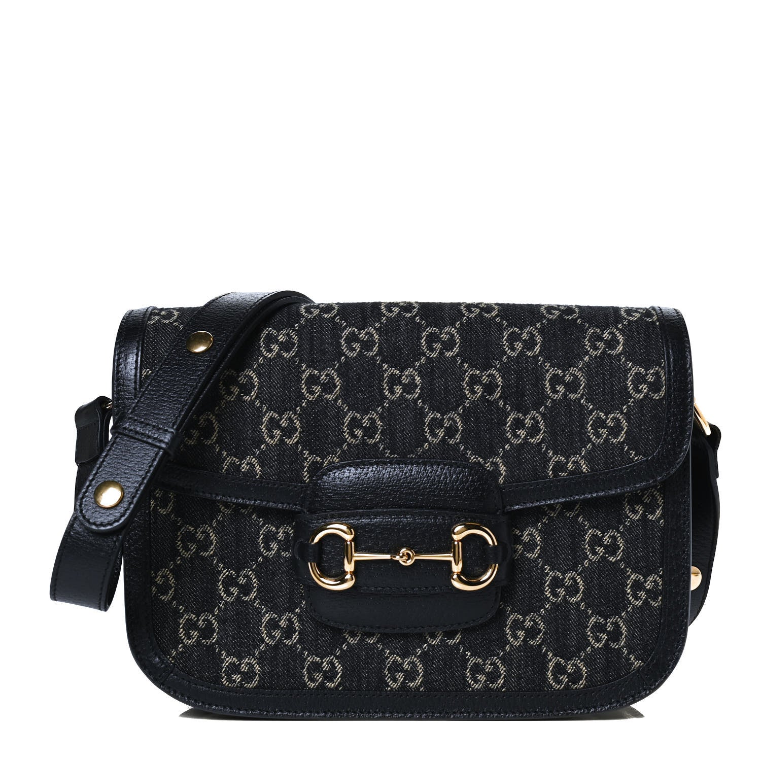Gucci Jacquard Black Denim GG Monogram Textured Dollar Calfskin Horsebit 1955 Shoulder Bag Black Ivory 1 of 14