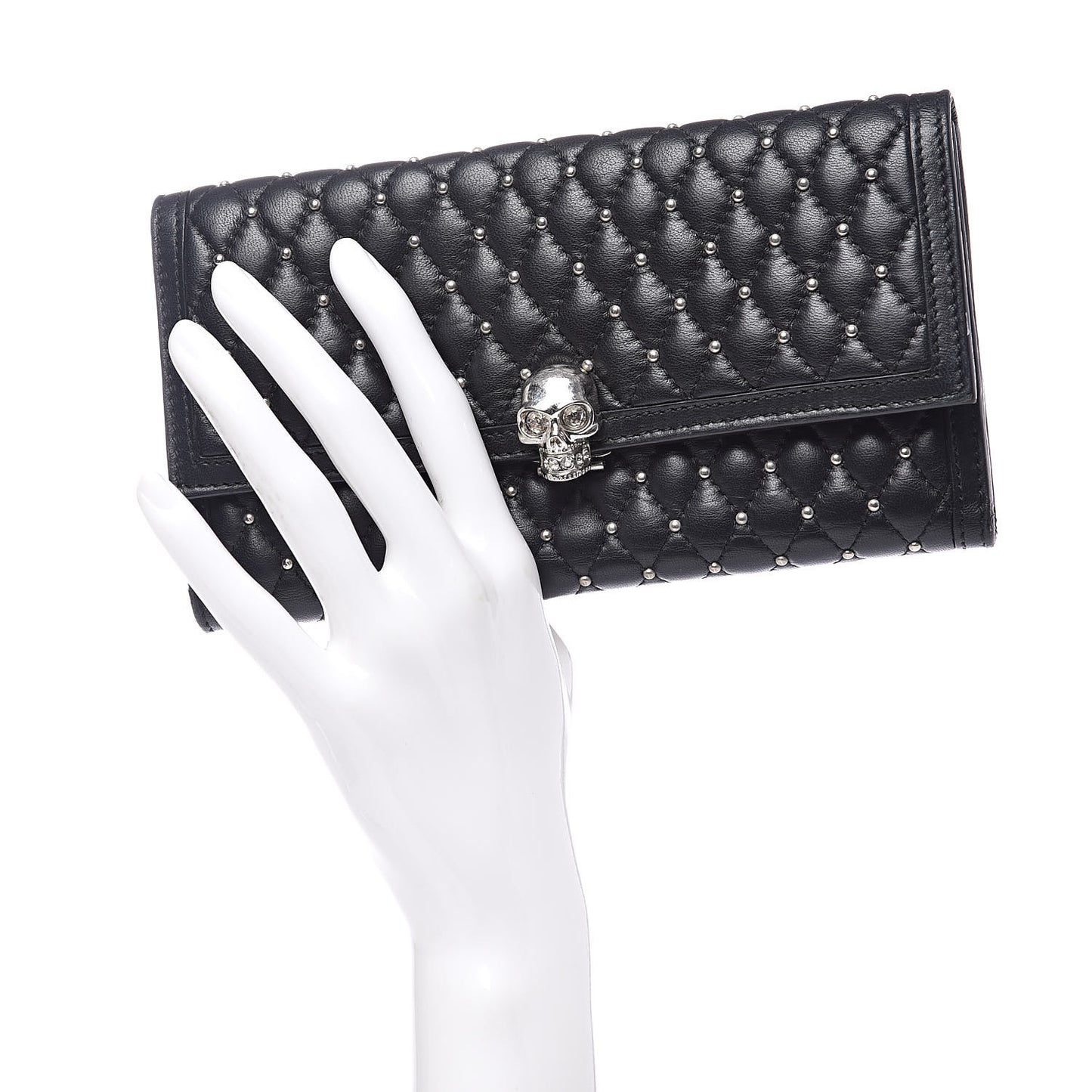 Calfskin Quilted Studded Skull Continental Wallet Black