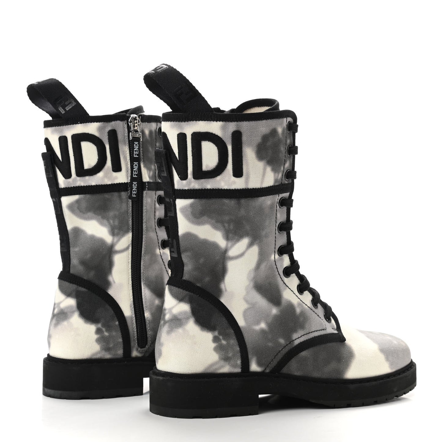 Canvas Floral Print Logo Bi-Color Womens Biker Boots 38 White Black