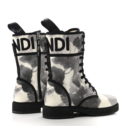 Fendi Canvas Floral Print Logo Bi-Color Womens Biker Boots 38 White Black 4 of 6