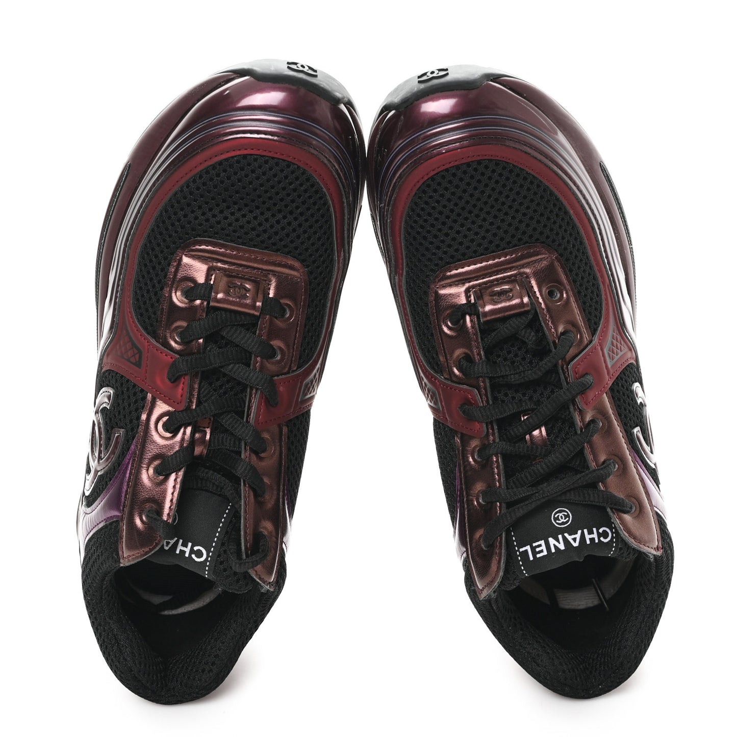 Fabric Laminated Calfskin Stretch CC Womens Sneakers 37.5 Black Purple Burgundy