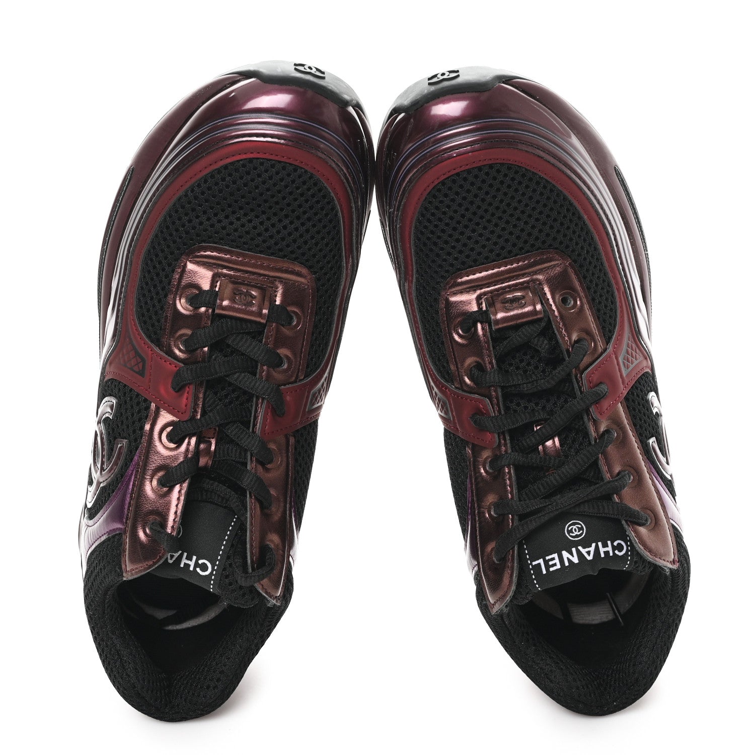 Chanel Fabric Laminated Calfskin Stretch CC Womens Sneakers 37.5 Black Purple Burgundy 2 of 12