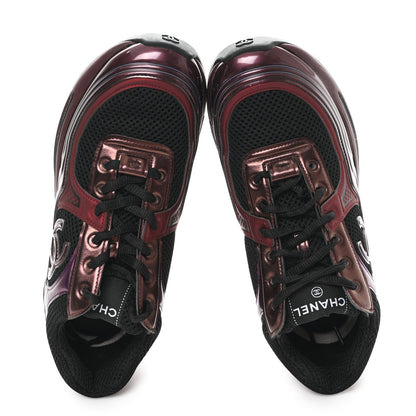 Chanel Fabric Laminated Calfskin Stretch CC Womens Sneakers 37.5 Black Purple Burgundy 2 of 12