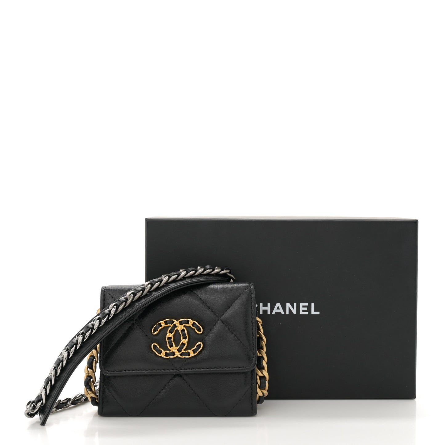 Lambskin Quilted Chanel 19 Flap Coin Purse With Chain Black