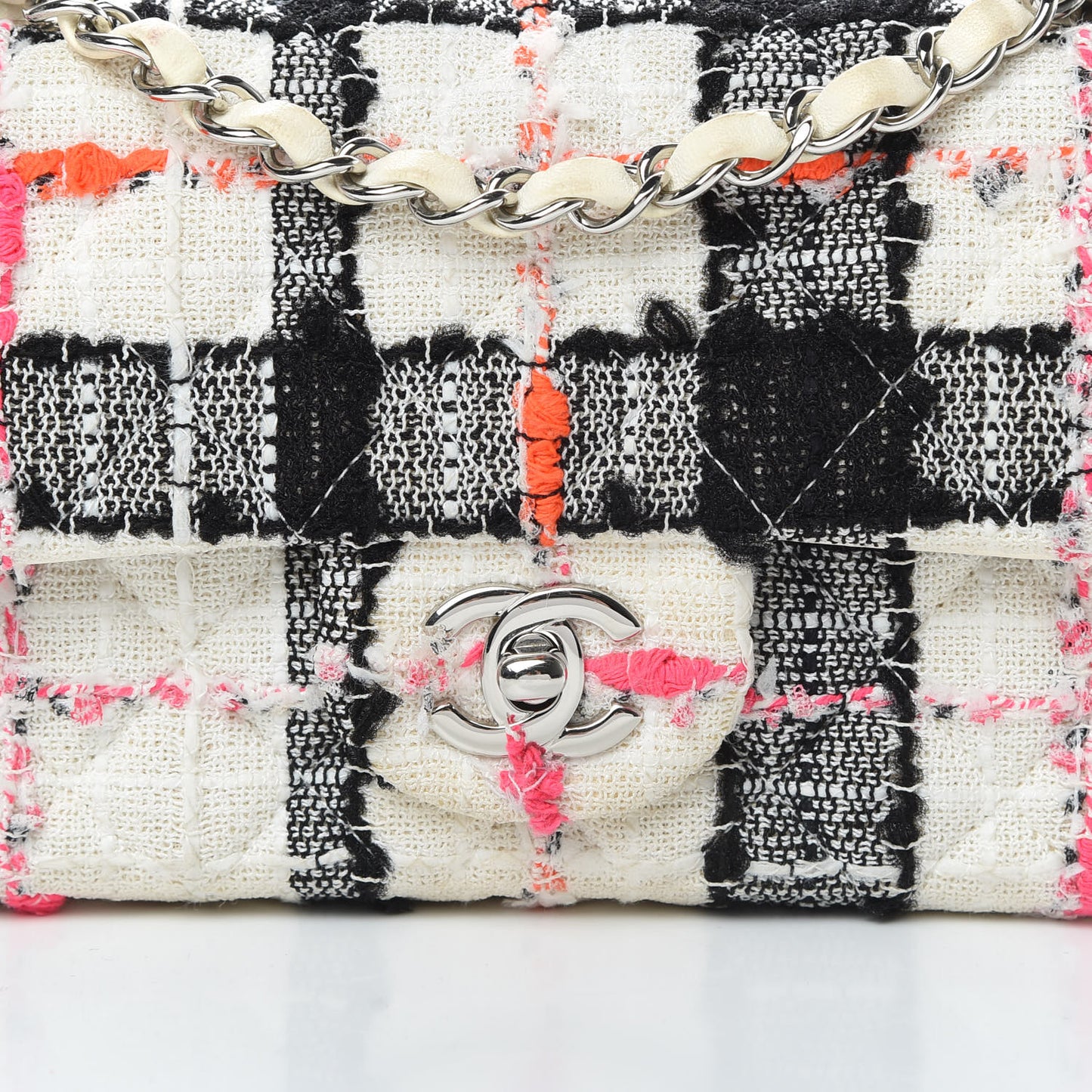 Tweed Quilted Mini Rectangular Flap Black White Pink