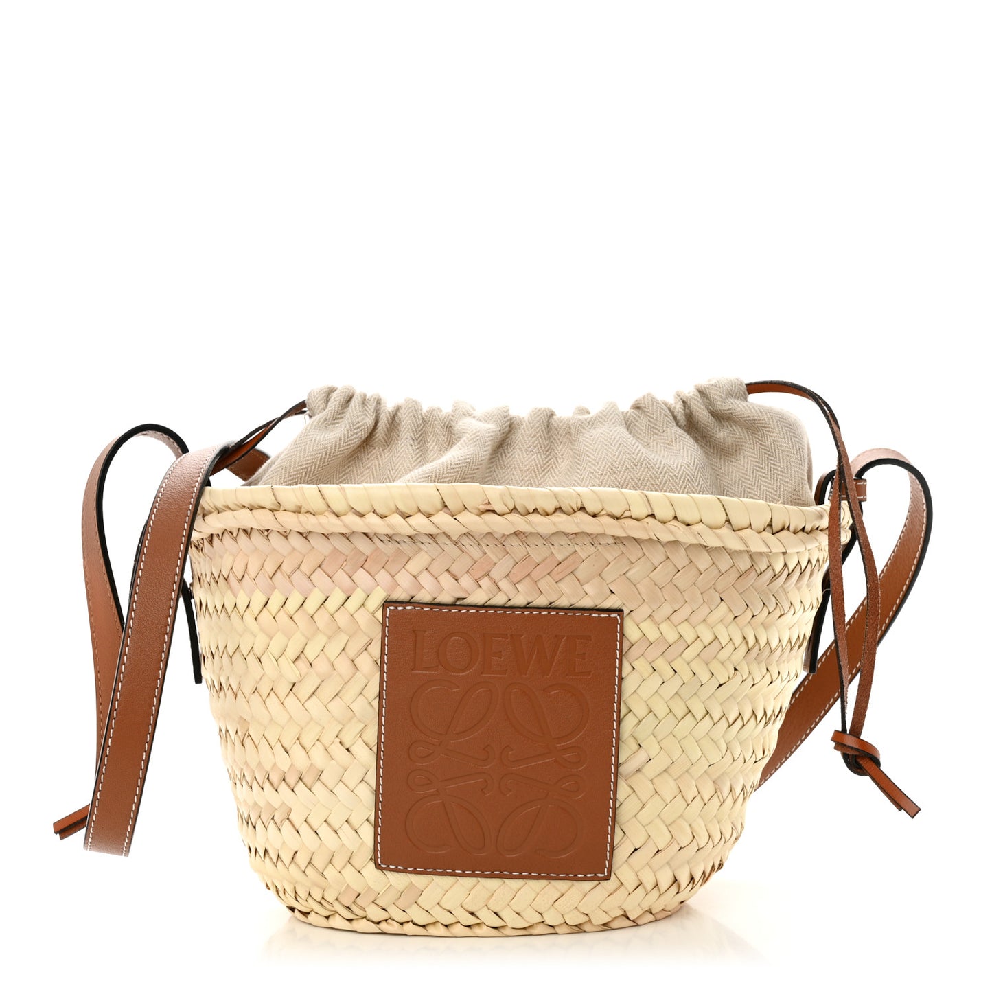 Leaf Palm Calfskin Mini Drawstring Bucket Bag Natural Tan