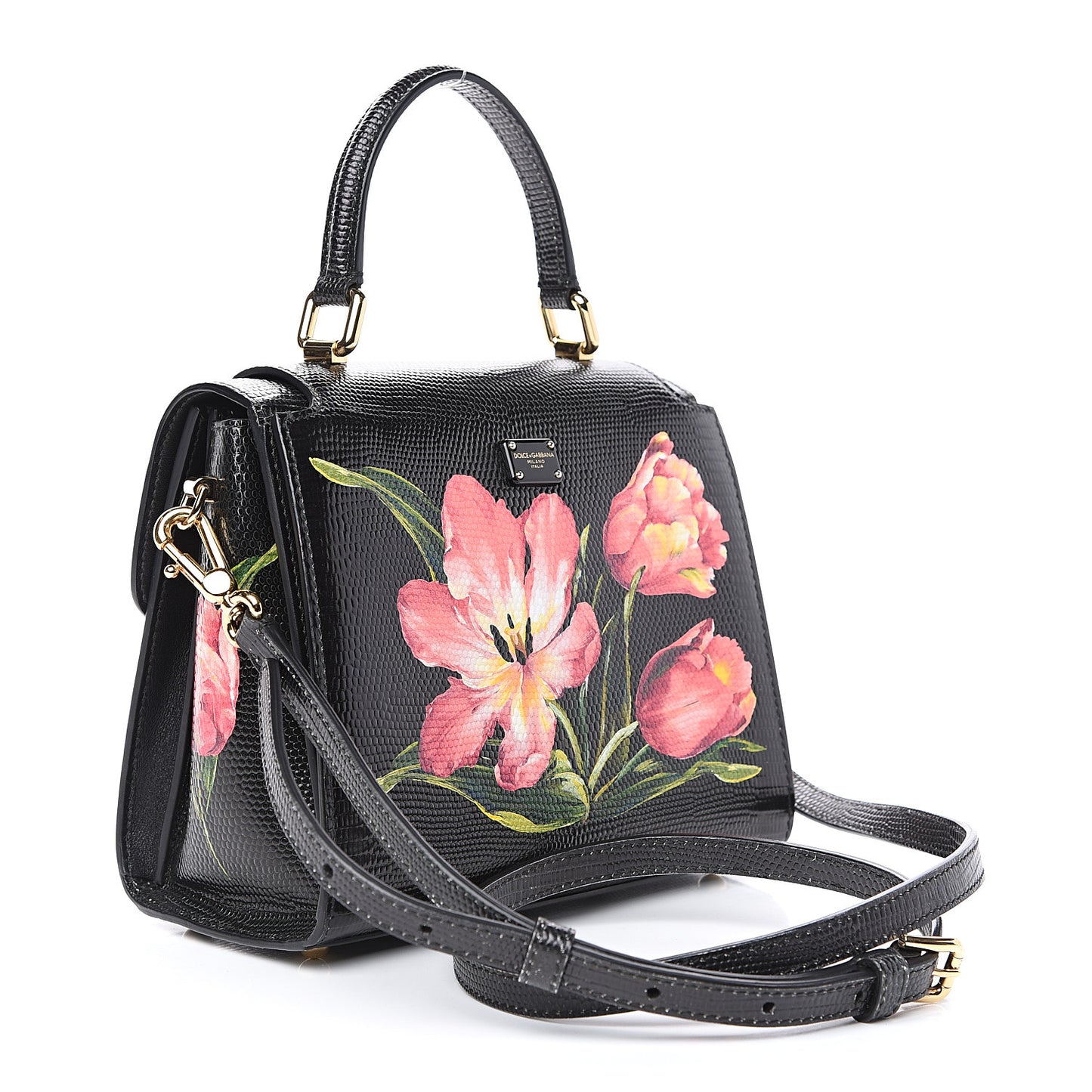 Iguana Calfskin Embossed Tulipani Mini Top Handle Bag Black Rosa