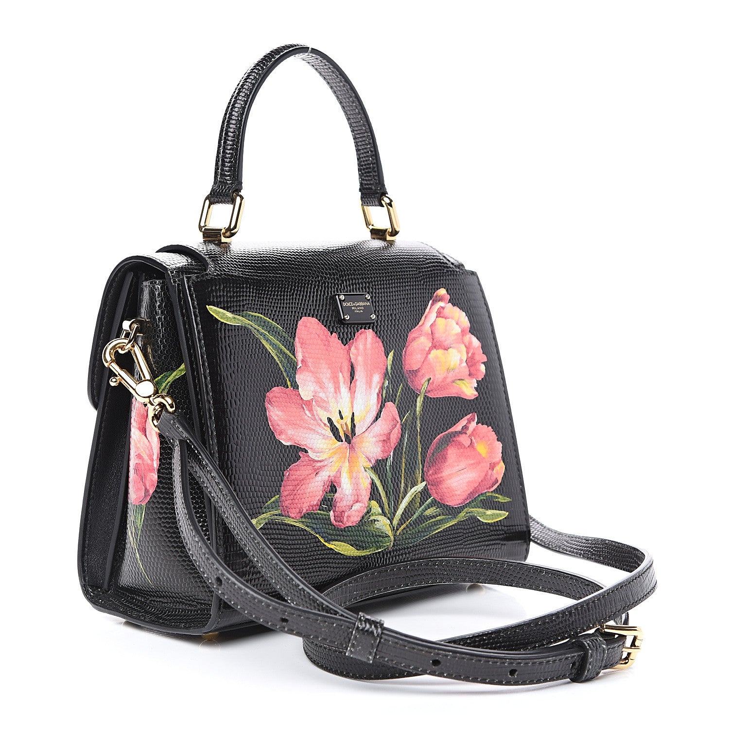 Dolce & Gabbana Iguana Calfskin Embossed Tulipani Mini Top Handle Bag Black Rosa 2 of 10