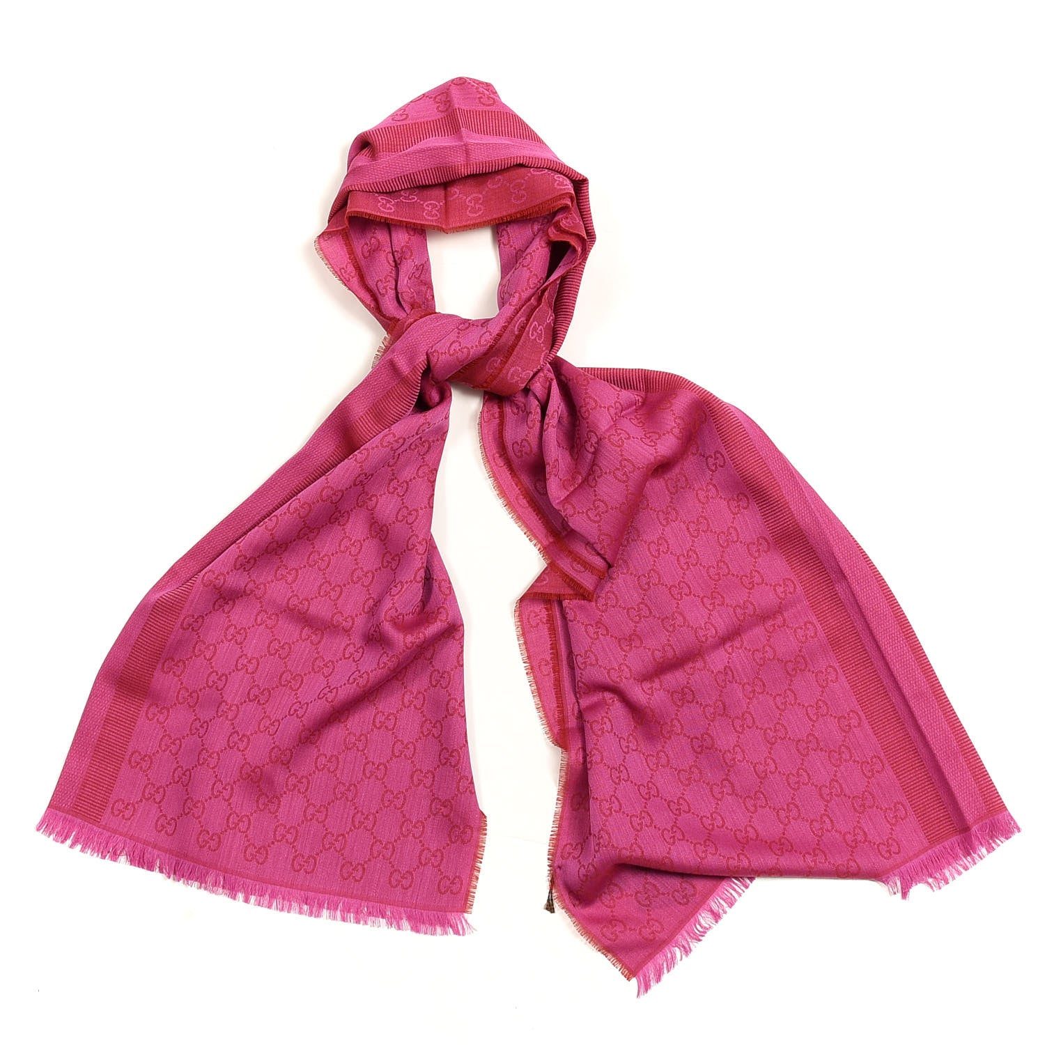 Gucci Wool Silk GG Monogram GGWeblong Fringe Scarf Shawl Red Pink 1 of 5