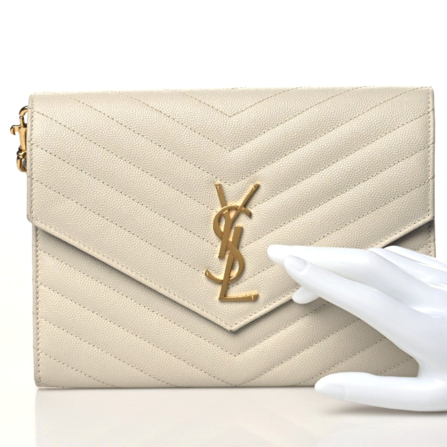 Saint Laurent Grain De Poudre Matelasse Chevron Monogram Envelope Clutch Blanc Vintage 3 of 10