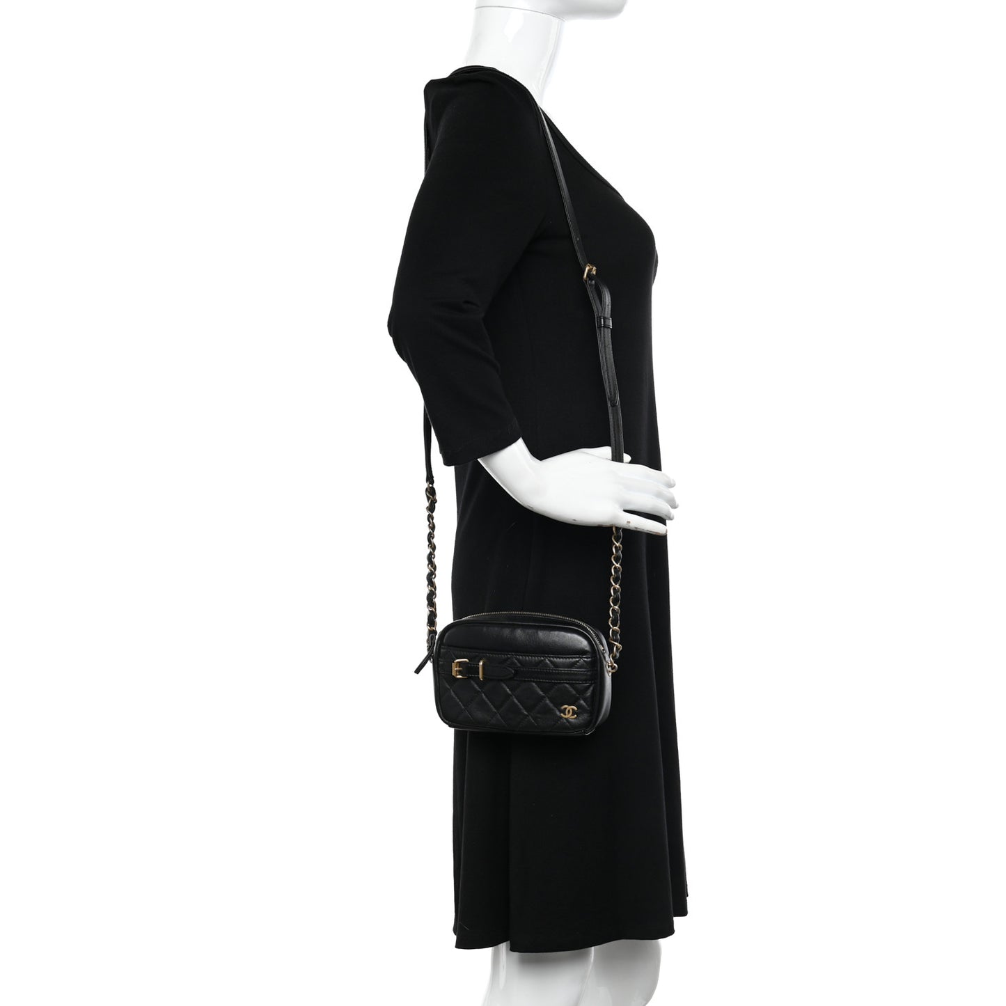 Lambskin Quilted Small Buckle Camera Case Bag Black
