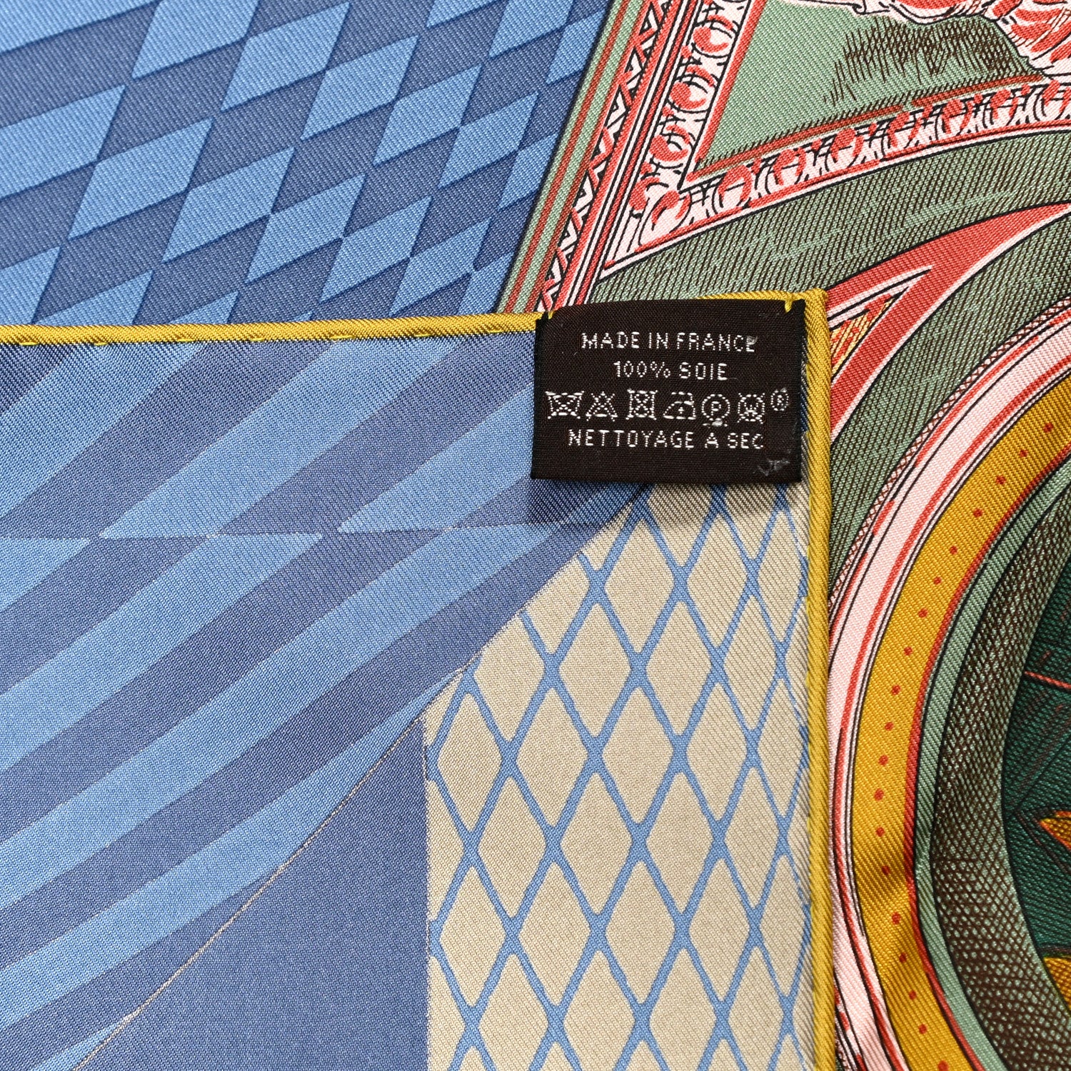 Hermes Silk Twill Grande Theatre Nouveau Scarf 90 Bleu Jean Vert Moutarde 6 of 6