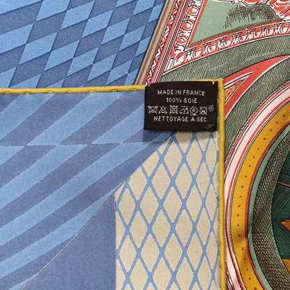 Hermes Silk Twill Grande Theatre Nouveau Scarf 90 Bleu Jean Vert Moutarde 6 of 6