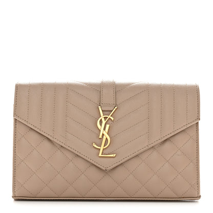 Saint Laurent Grain De Poudre Mixed Matelasse Triquilt Monogram Chain Wallet Dark Beige 1 of 12
