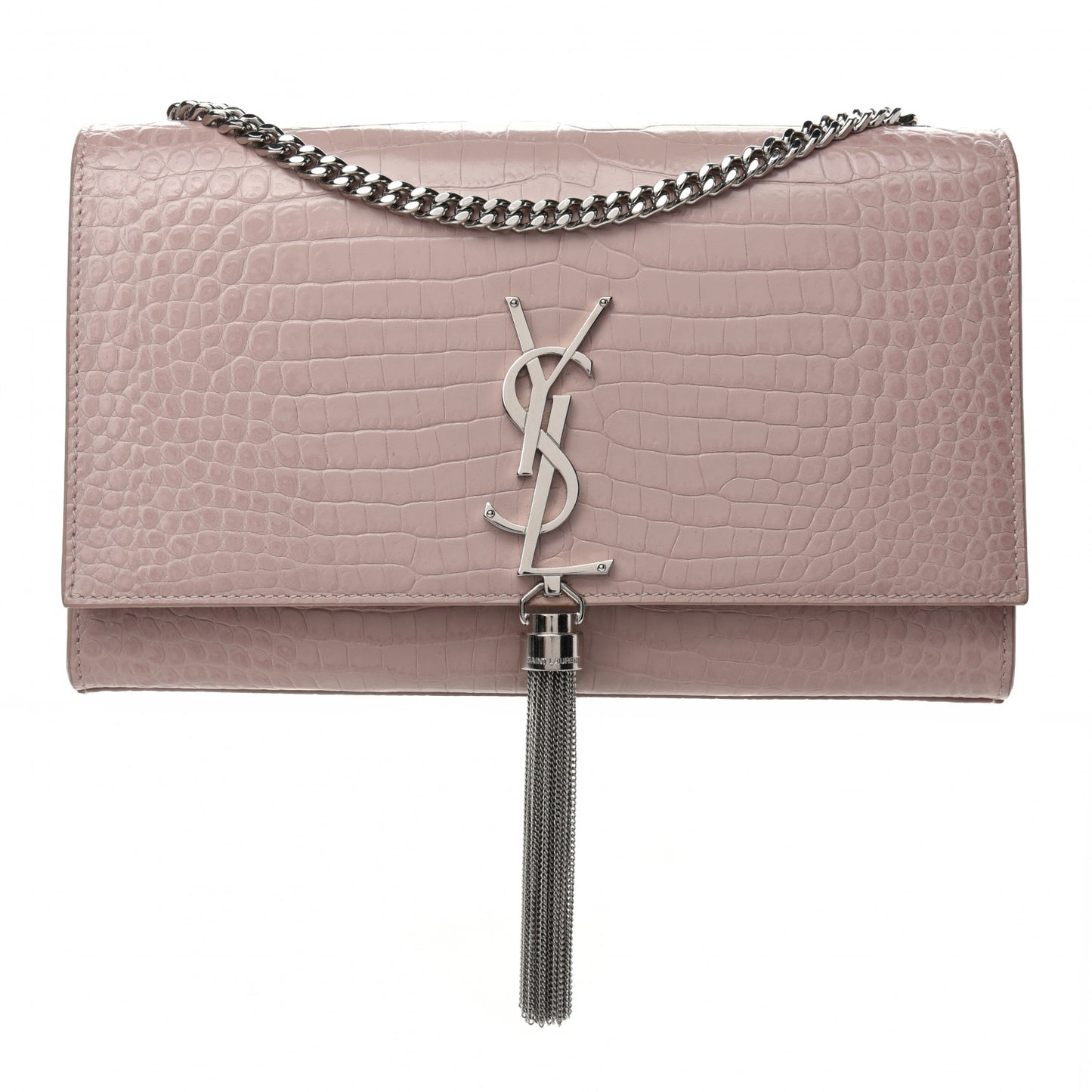 Calfskin Crocodile Embossed Medium Classic Monogram Kate Tassel Satchel Powder Pink