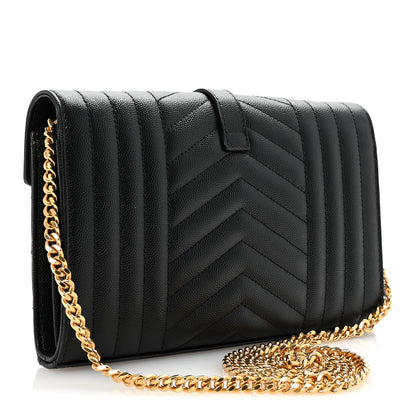 Saint Laurent Grain De Poudre Mixed Matelasse Triquilt Monogram Chain Wallet Black 3 of 9