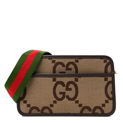 Gucci Monogram Jumbo GG Textured Dollar Calfskin Web Mini Crossbody Bag Camel Ebony New Acero 1 of 9