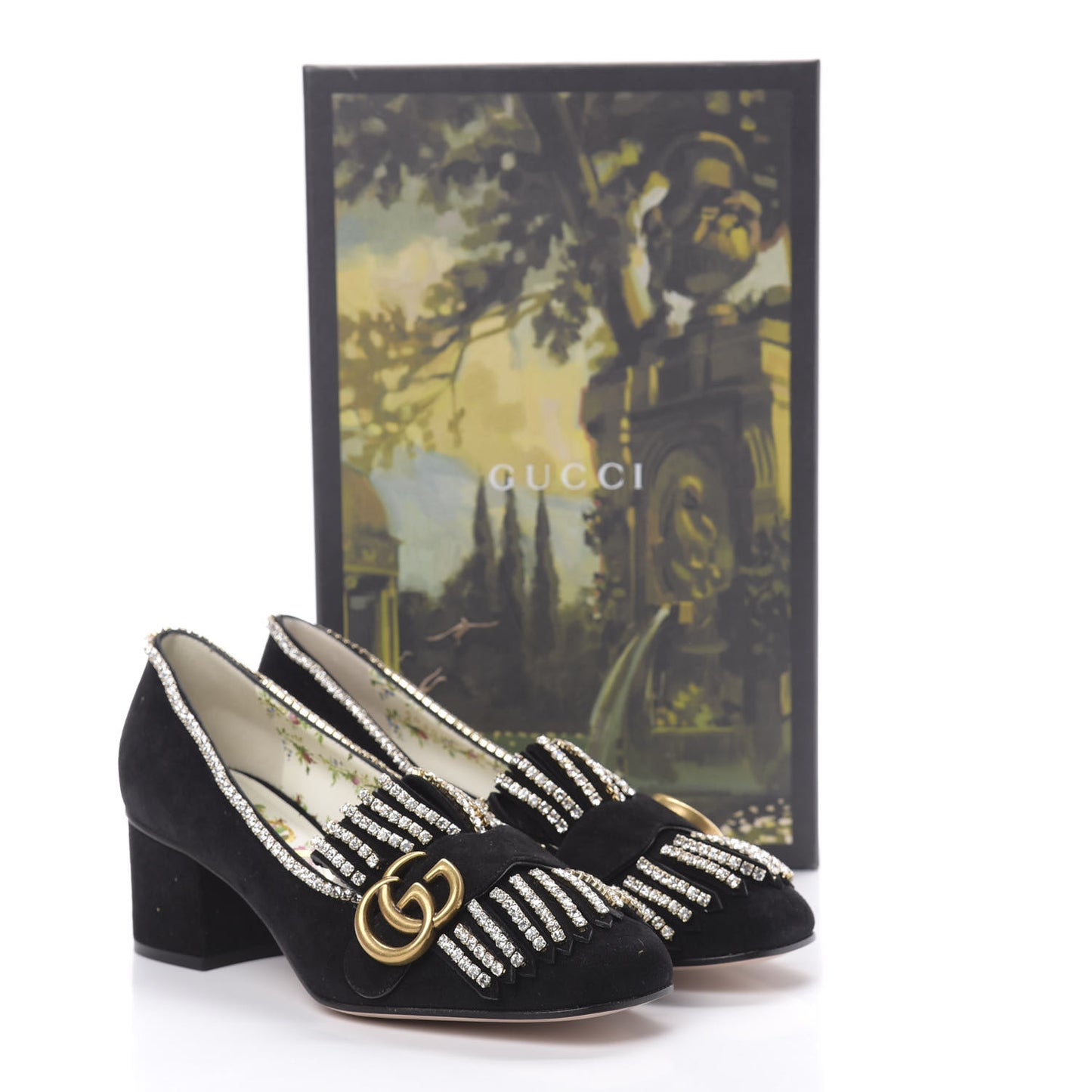 Kid Scamosciato Crystal GG Marmont Fringe 50mm Loafer Pumps 37 Black