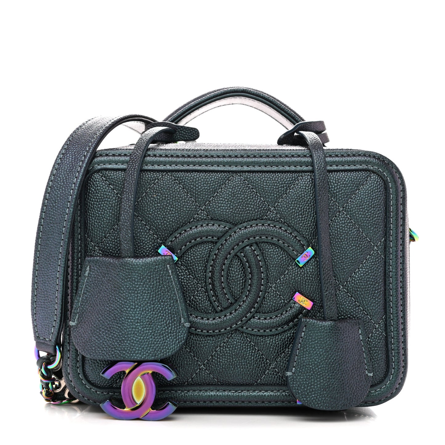 Iridescent Caviar Quilted Small CC Filigree Vanity Case Dark Turquoise