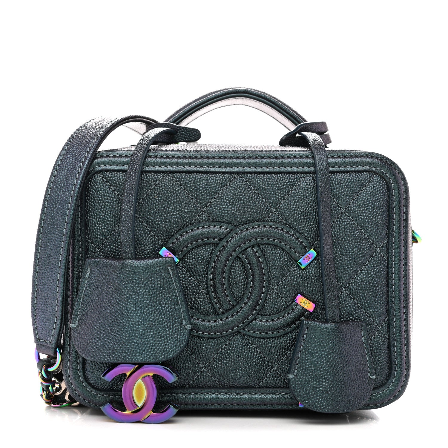 Chanel Iridescent Caviar Quilted Small CC Filigree Vanity Case Dark Turquoise 1 of 11